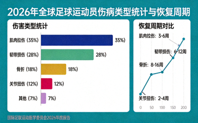 2026年全球足球运动员伤病类型统计与恢复周期数据可视化图